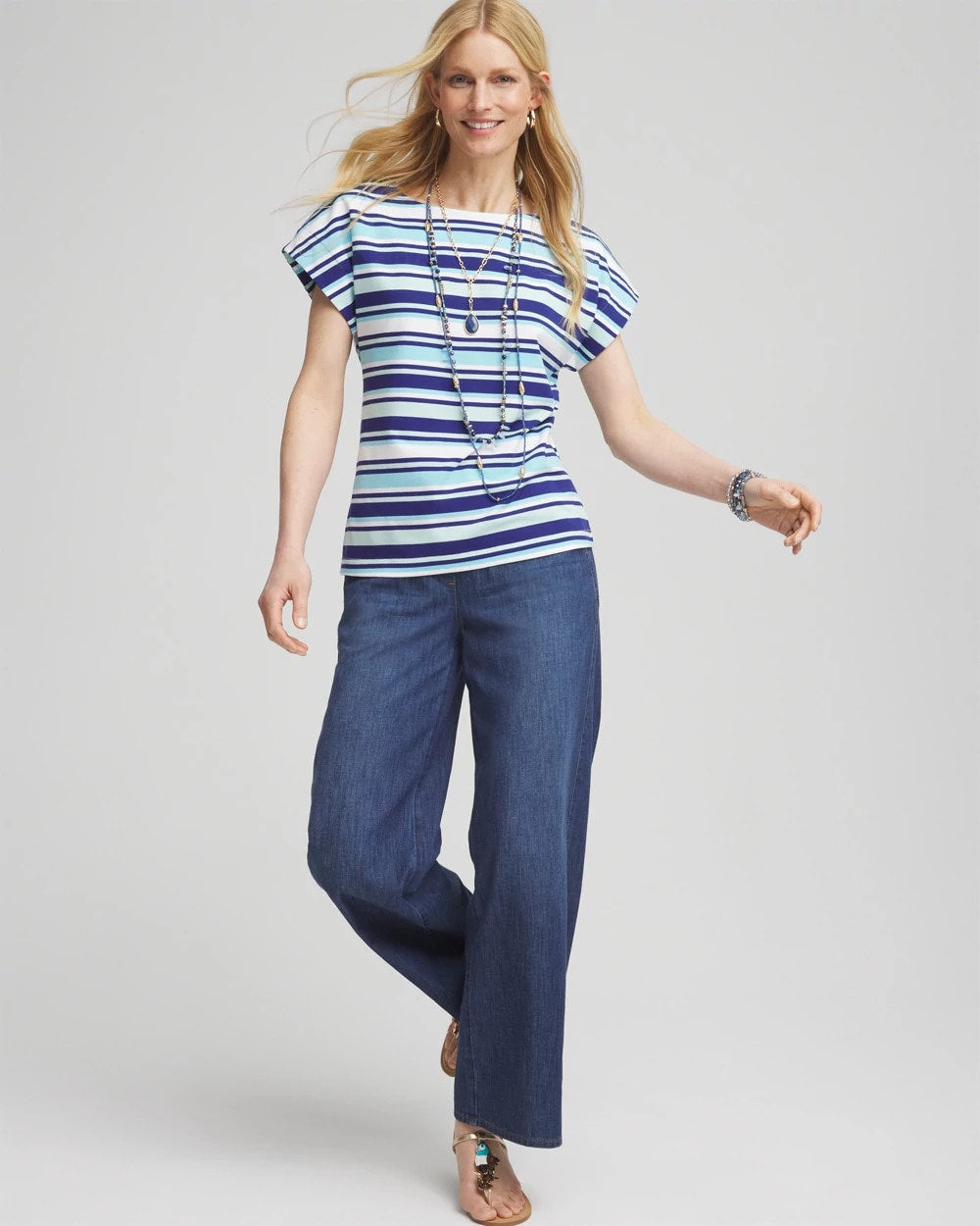 Chico's | Stripe Modern Cap Sleeve Tee/ Paradiso Blue