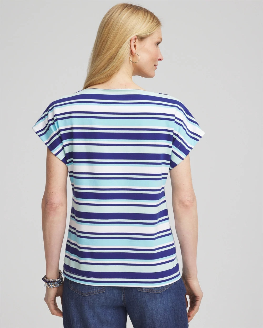 Chico's | Stripe Modern Cap Sleeve Tee/ Paradiso Blue