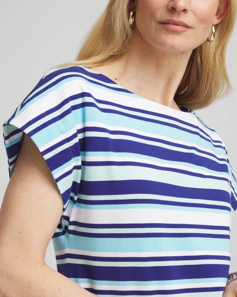 Chico's | Stripe Modern Cap Sleeve Tee/ Paradiso Blue