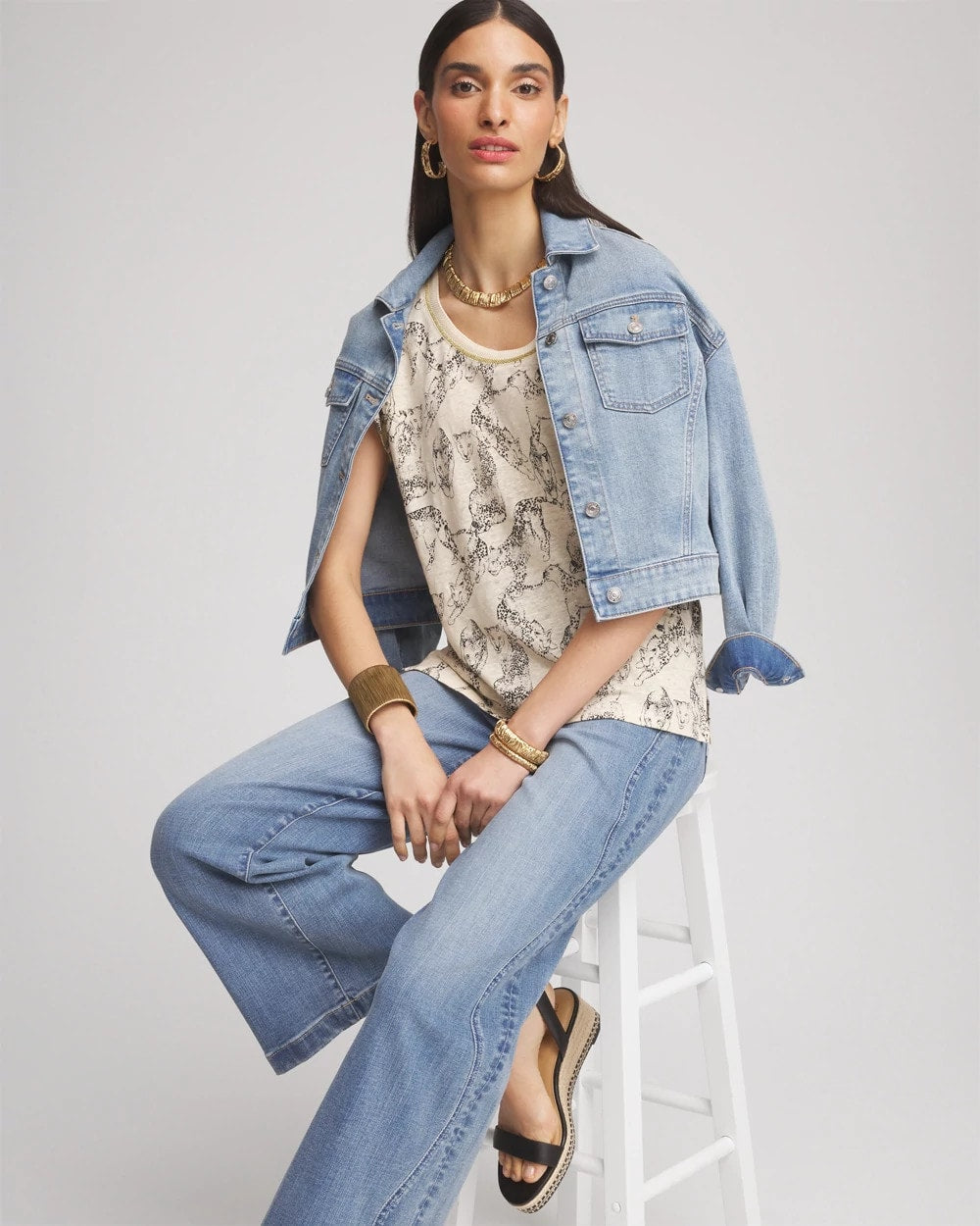 Chico's | Panther Sweater-Trim Linen Tee/ Glistening Sand