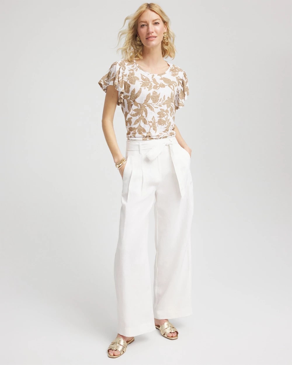 Chico's | Linen Leaf Print Flutter Sleeve Tee/ Cafe Aroma