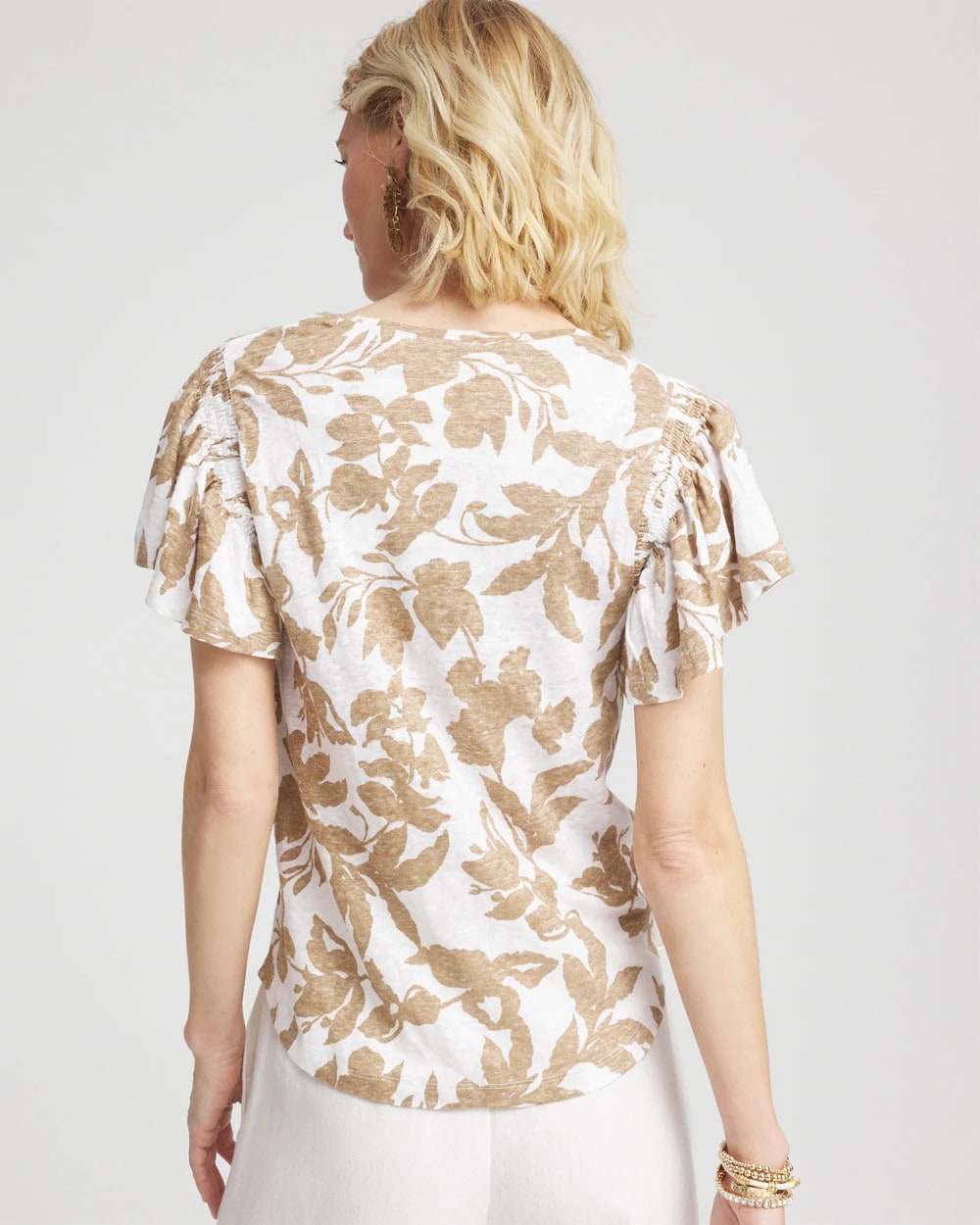 Chico's | Linen Leaf Print Flutter Sleeve Tee/ Cafe Aroma