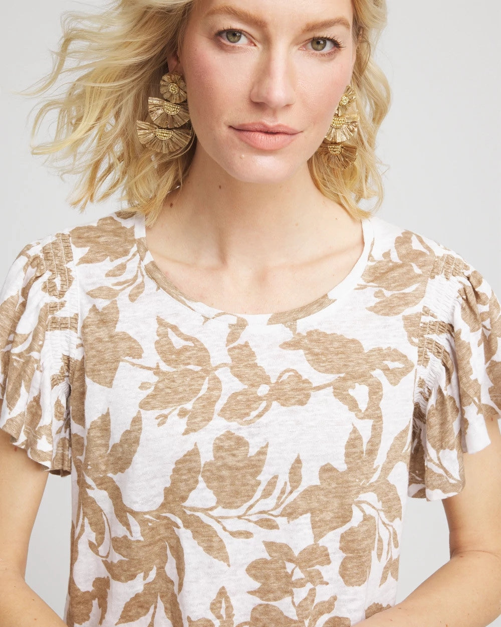 Chico's | Linen Leaf Print Flutter Sleeve Tee/ Cafe Aroma