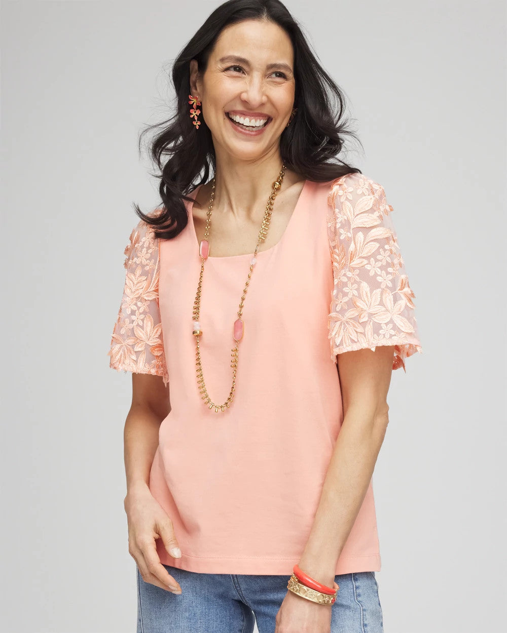 Chico's | Floral Sleeved Square-Neck Tee/ Coral Blossom