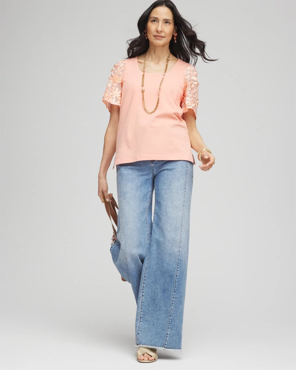 Chico's | Floral Sleeved Square-Neck Tee/ Coral Blossom