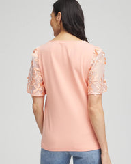 Chico's | Floral Sleeved Square-Neck Tee/ Coral Blossom