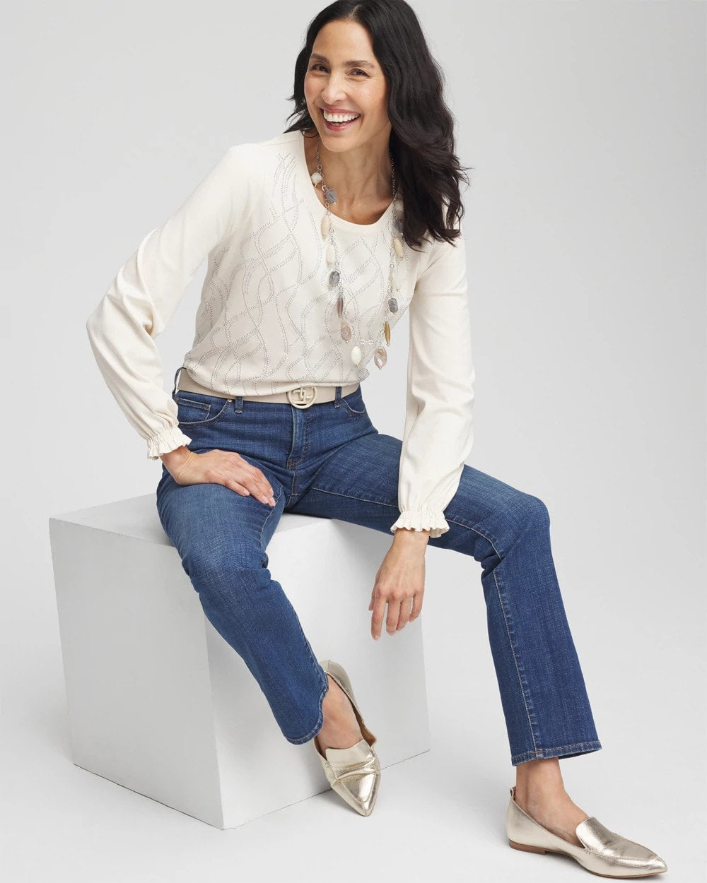 Chico's | Embellished Long-sleeve Top/ English Cream