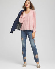 Chico's | Crinkle Bodre Voop Neck Top/ Blushed