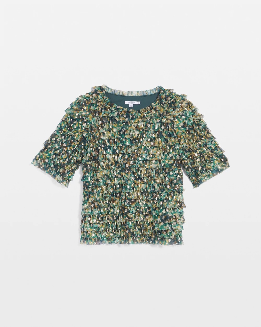 Chico's | Foiled Mesh Ruffle Crop Tee/ Darkest Spruce