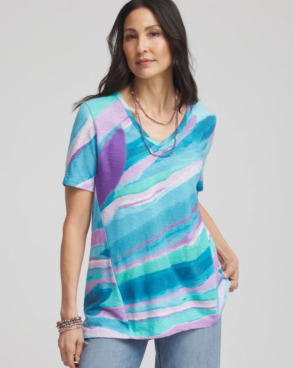Chico's | Sea Print Short Sleeve Forward-Seam Tee/ Paradiso Blue