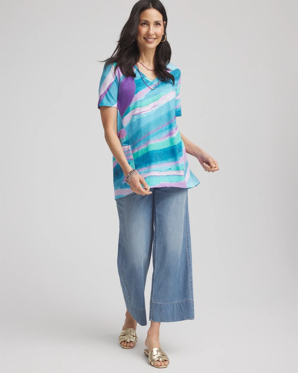 Chico's | Sea Print Short Sleeve Forward-Seam Tee/ Paradiso Blue
