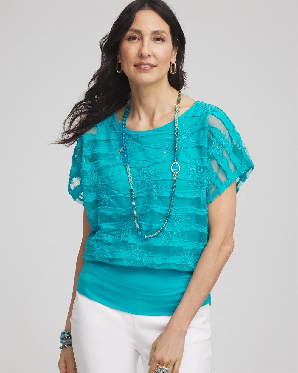 Chico's | Embroidered Striped Banded Bottom Top/ Seaspray