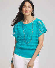 Chico's | Embroidered Striped Banded Bottom Top/ Seaspray