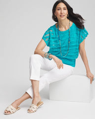 Chico's | Embroidered Striped Banded Bottom Top/ Seaspray