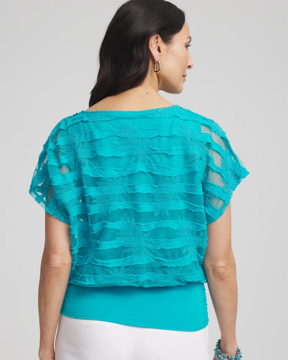 Chico's | Embroidered Striped Banded Bottom Top/ Seaspray