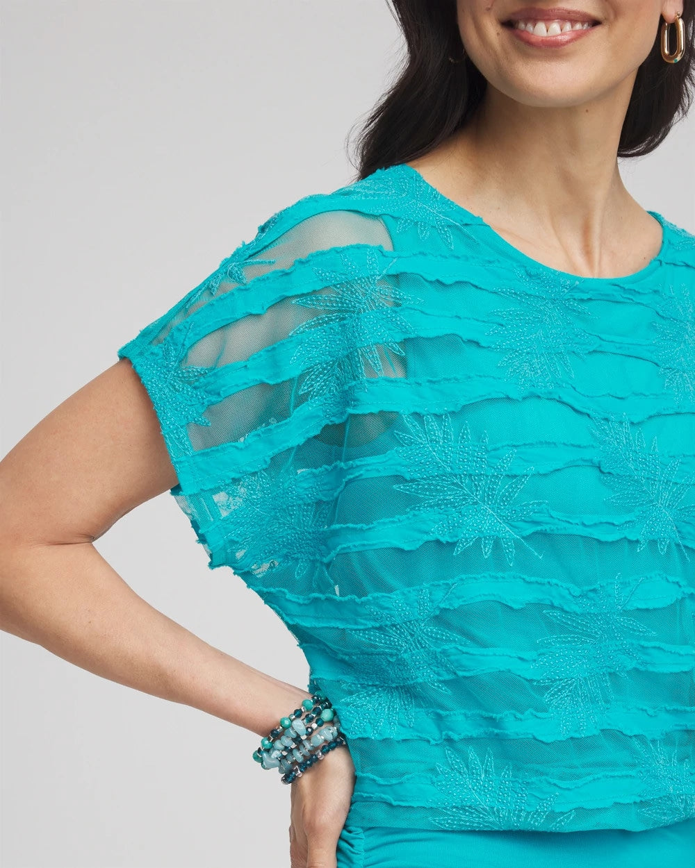 Chico's | Embroidered Striped Banded Bottom Top/ Seaspray