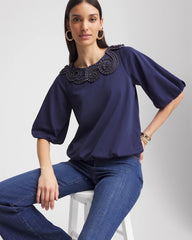 Chico's | Bubble Hem Pleated Cotton Top/ Passport Blue