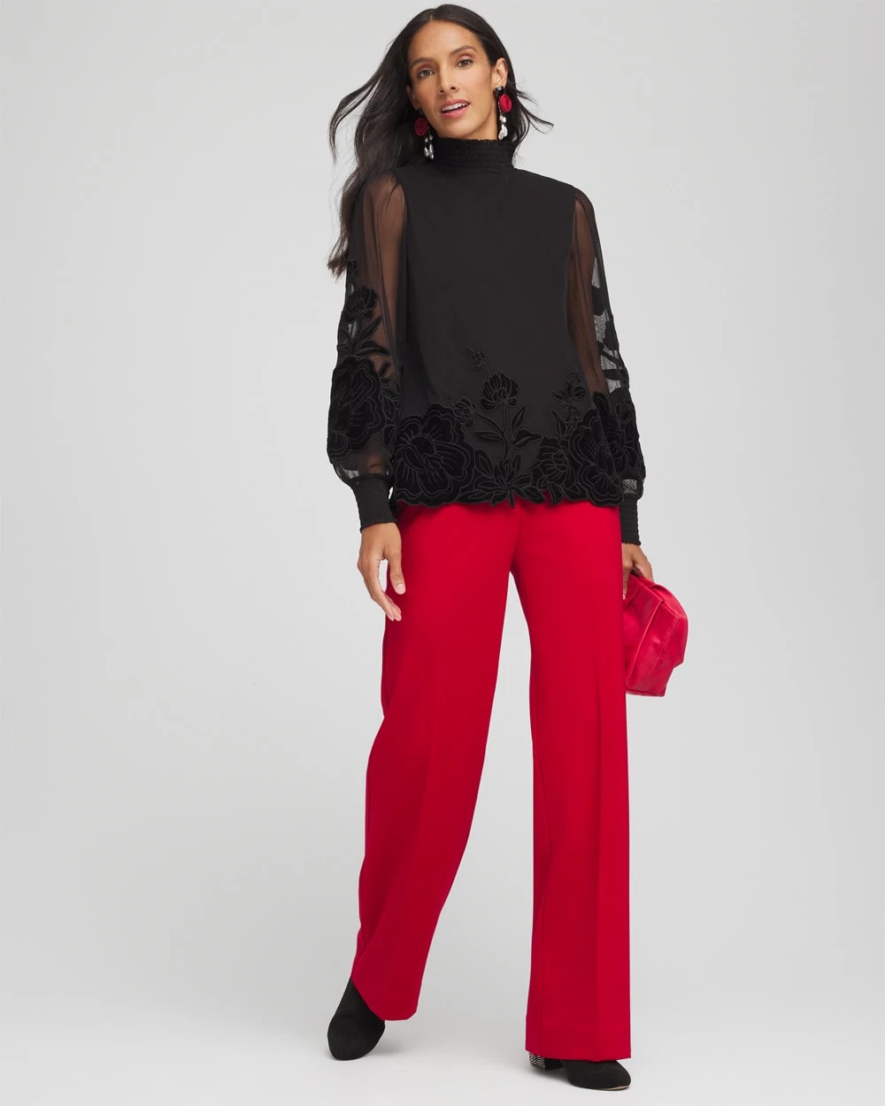 Chico's | Sheer Mesh Velvet Appliqué Top/ Black