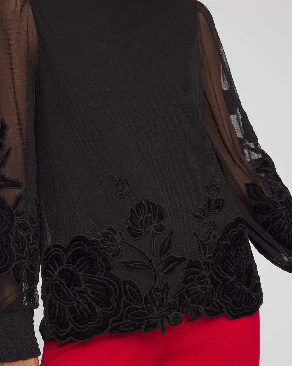 Chico's | Sheer Mesh Velvet Appliqué Top/ Black