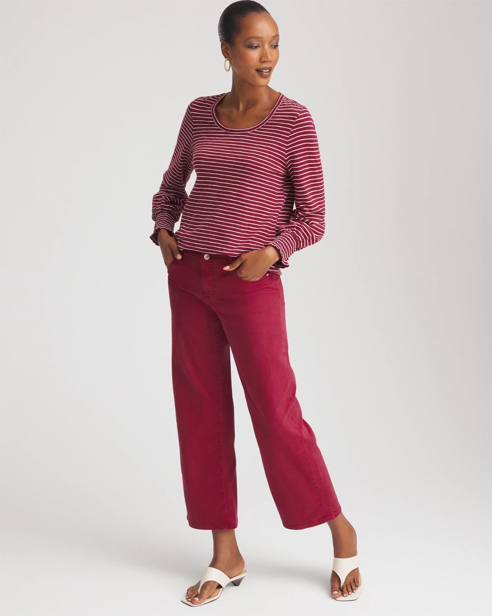 Chico's | Smocked-Sleeve Cotton-Slub Tee/ Russet Red