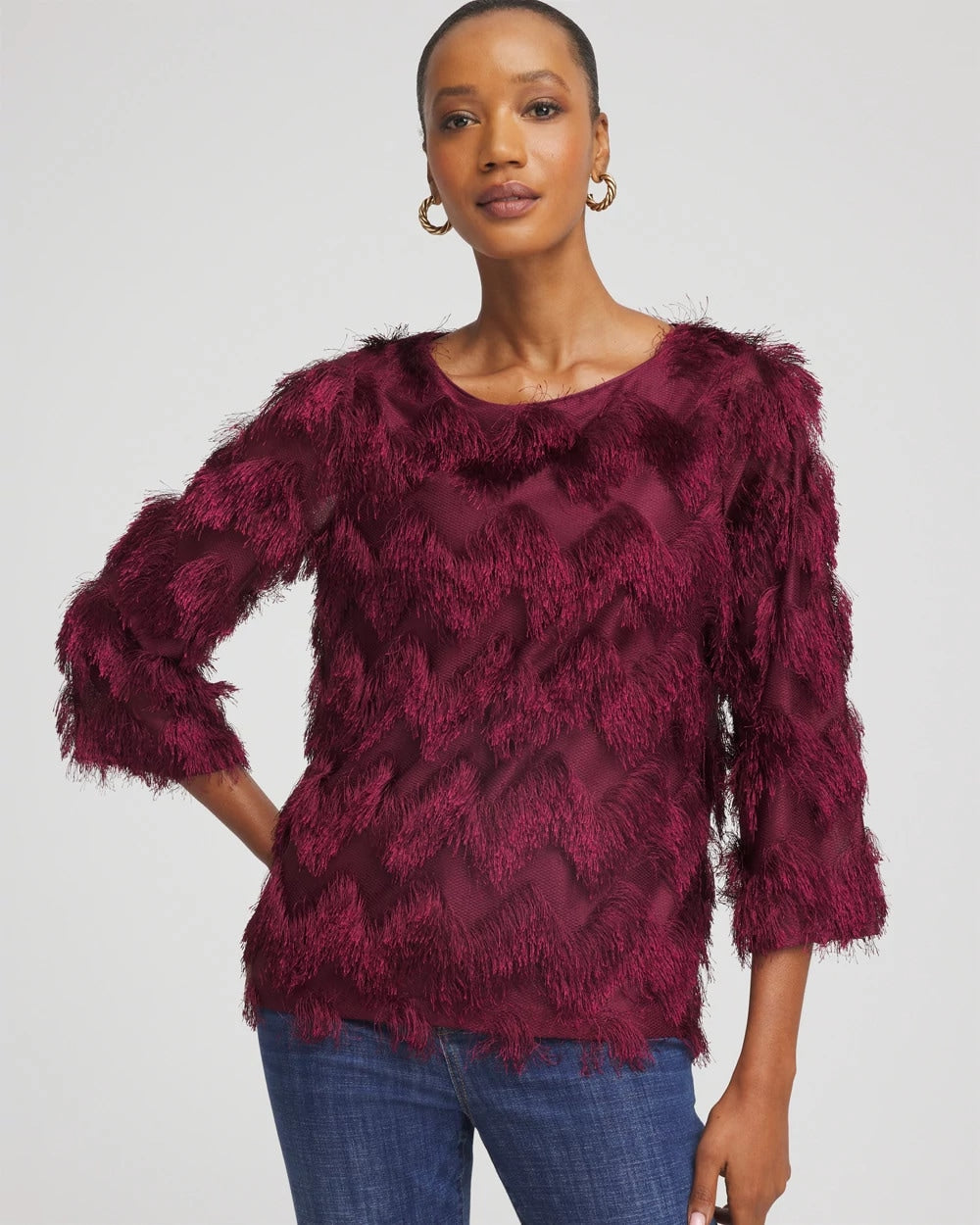 Chico's | Chevron Fringe Party Top/ Deep Chianti