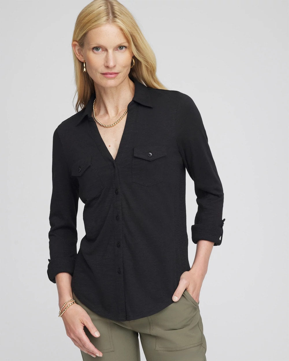 Chico's | Collared Henley Shirt/ Black