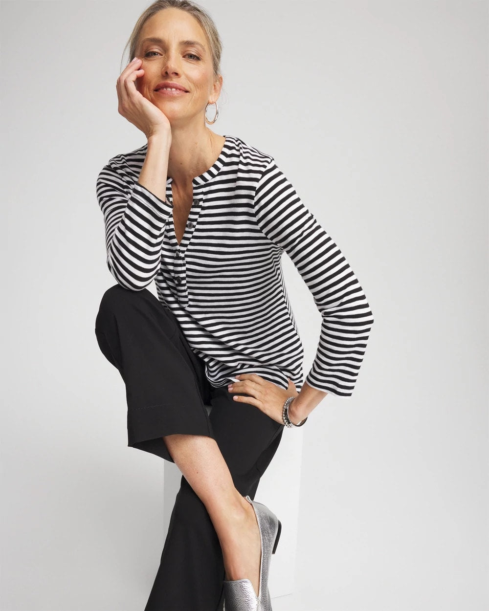 Chico's | Striped Slub Splitneck Henley Tee/ Black