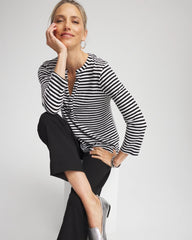 Chico's | Striped Slub Splitneck Henley Tee/ Black