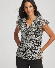 Chico's | Lace Floral-Burnout Henley Tee/ Black