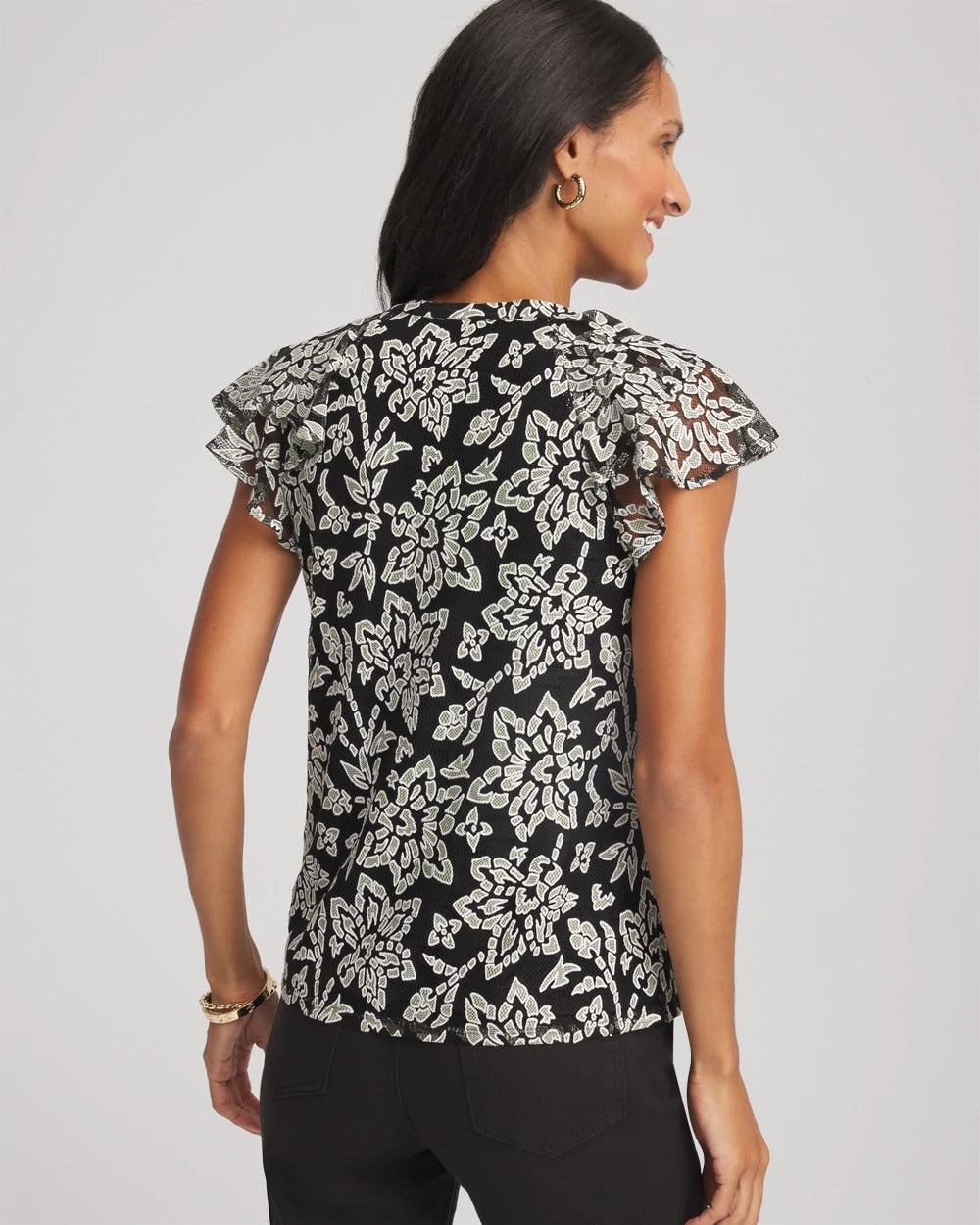 Chico's | Lace Floral-Burnout Henley Tee/ Black