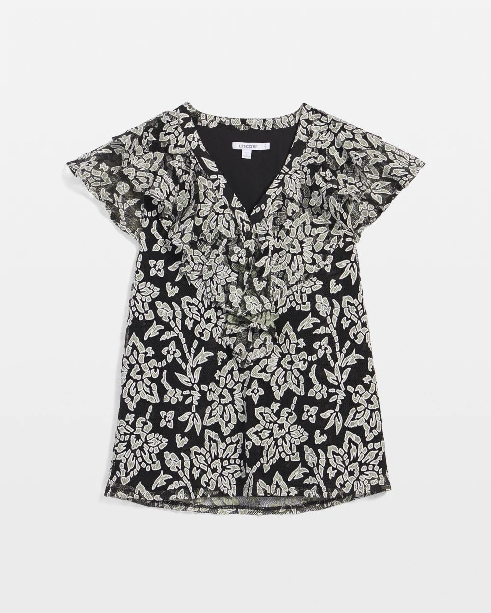 Chico's | Lace Floral-Burnout Henley Tee/ Black