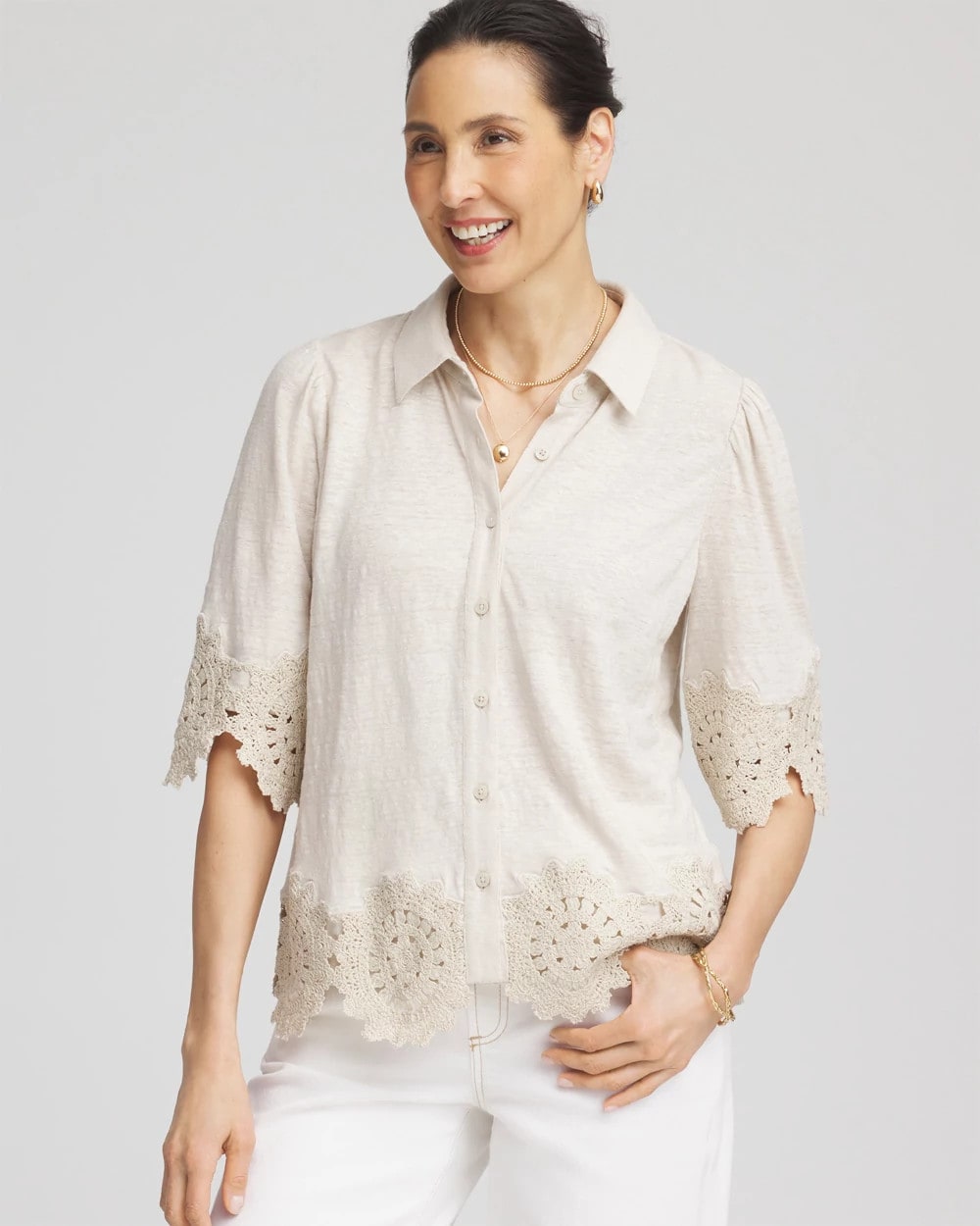 Chico's | Crochet Trim Linen Shirt/ River Rock