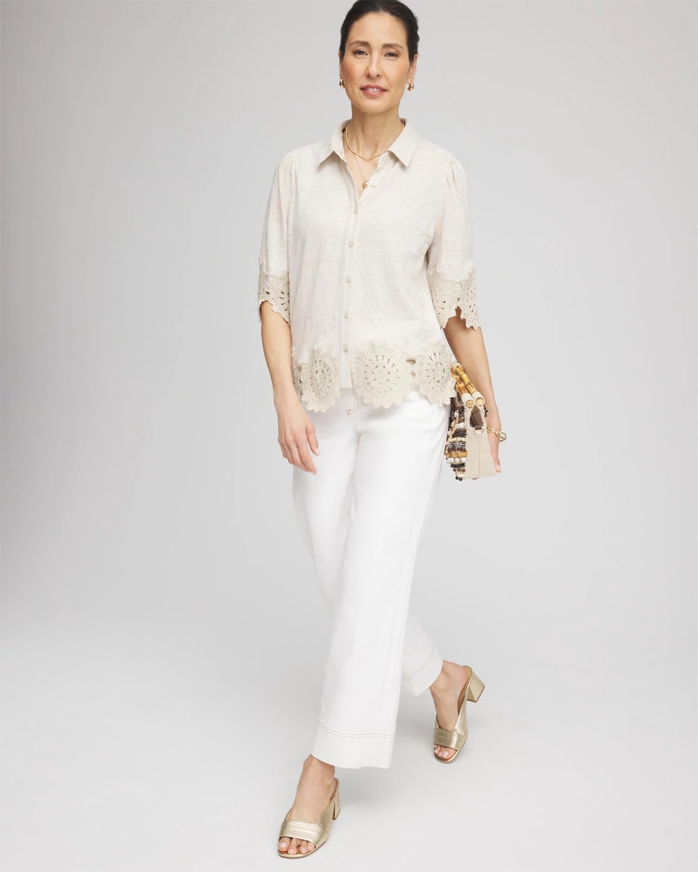 Chico's | Crochet Trim Linen Shirt/ River Rock