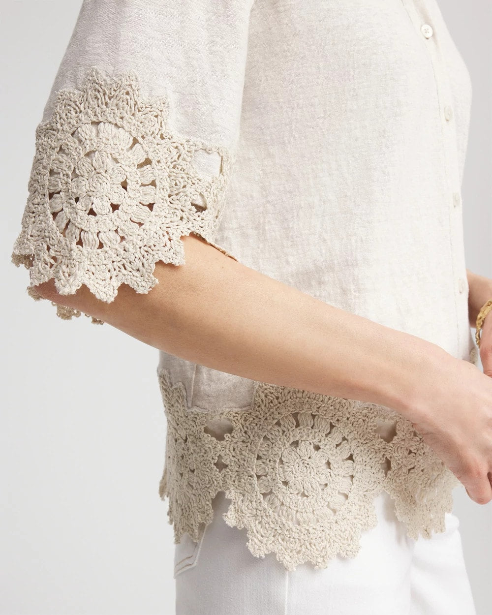 Chico's | Crochet Trim Linen Shirt/ River Rock