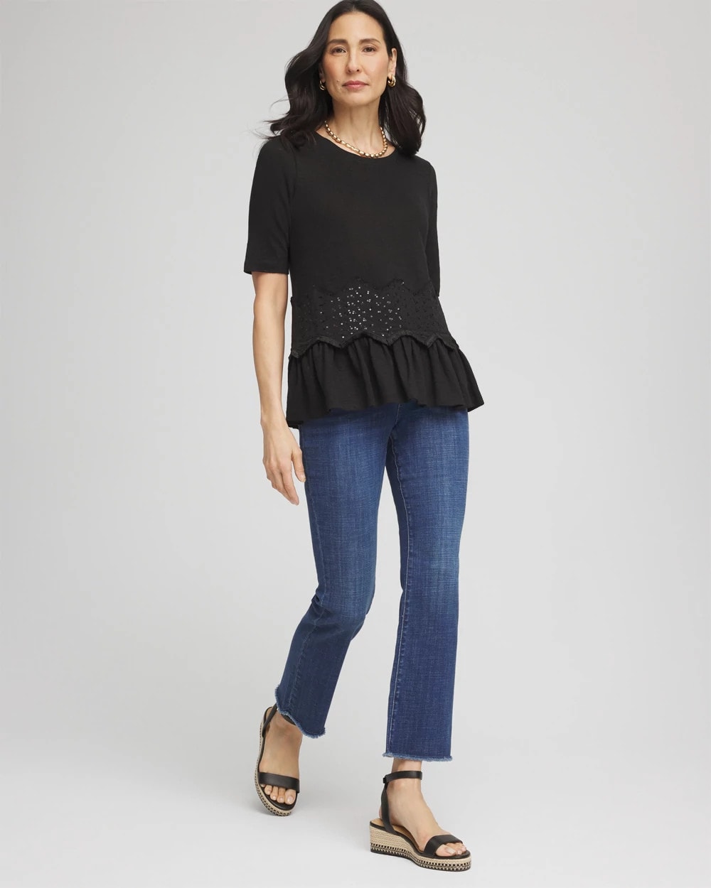 Chico's | Chevron Sequin Peplum Linen Tee/ Black