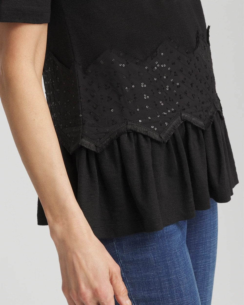 Chico's | Chevron Sequin Peplum Linen Tee/ Black