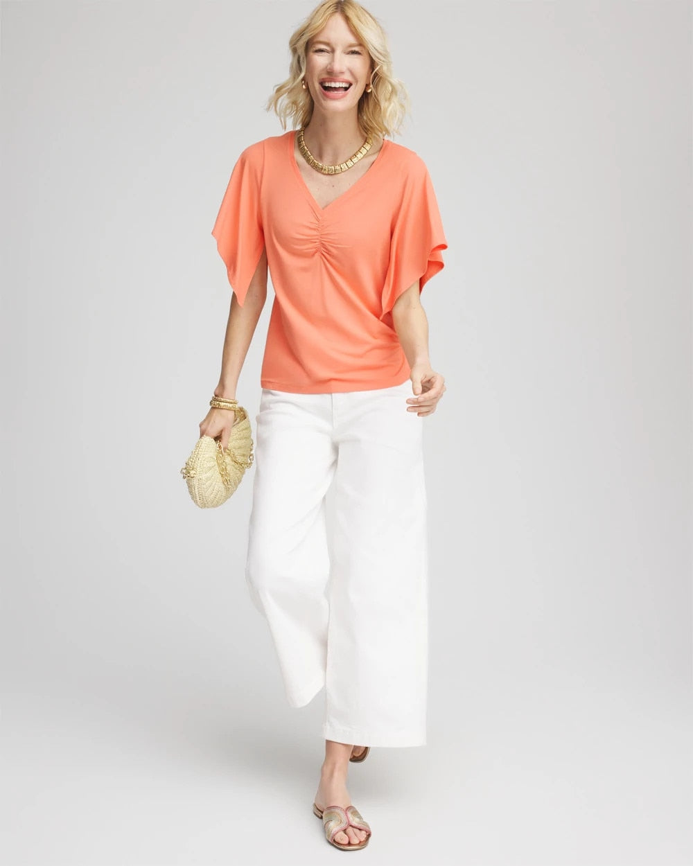 Chico's | Touch of Cool™ Handkerchief-Sleeve V-Neck Tee/ Sunset Peach