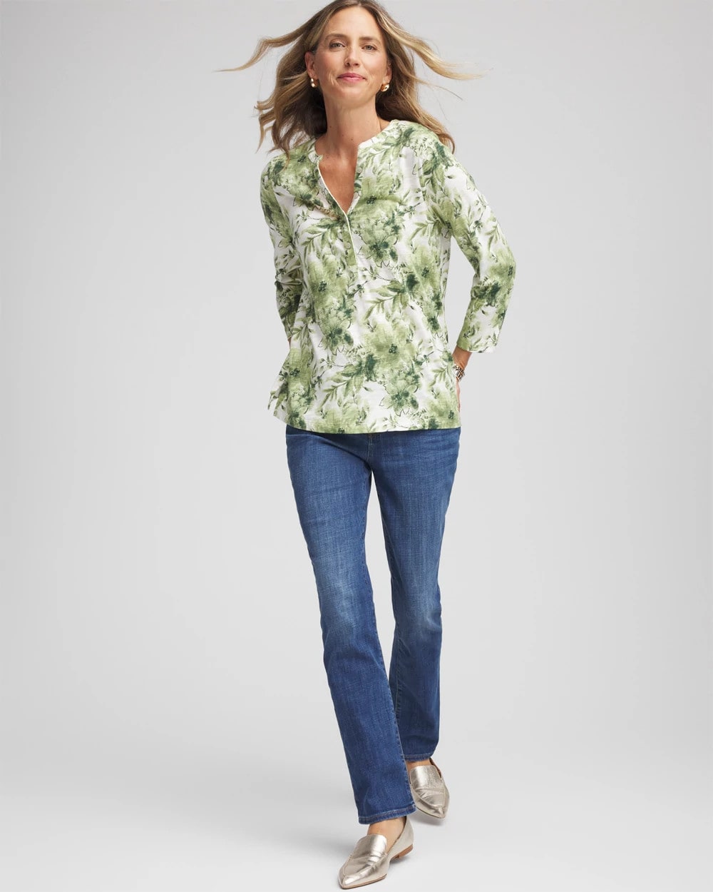 Chico's | Printed Slub Splitneck Henley Tee/ Sage Meadow