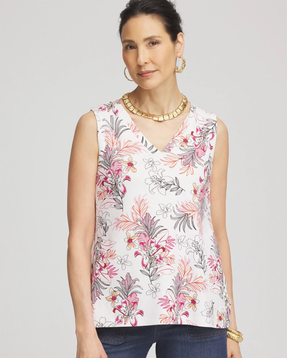 Chico's | Floral Sleeveless V-Neck Tank/ Alabaster