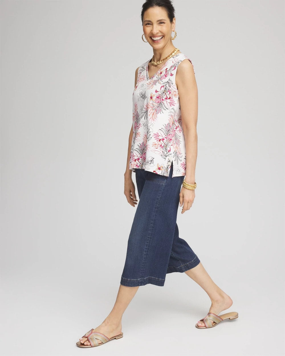 Chico's | Floral Sleeveless V-Neck Tank/ Alabaster