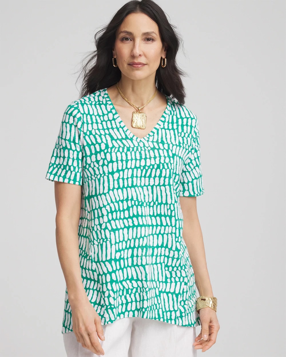 Chico's | Tropical Short Sleeve Forward-Seam Tee/ Eden Green