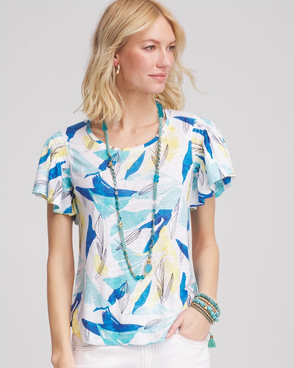 Chico's | Linen Smocked Flutter-Sleeved Tee/ Alabaster