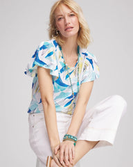 Chico's | Linen Smocked Flutter-Sleeved Tee/ Alabaster