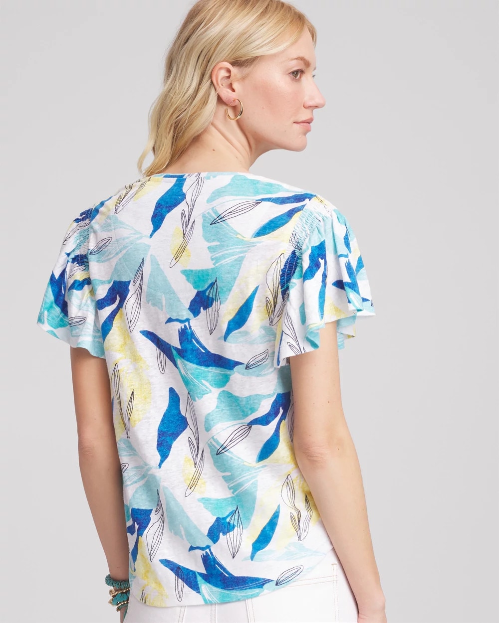 Chico's | Linen Smocked Flutter-Sleeved Tee/ Alabaster