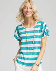 Chico's | Linen Metallic Striped Flutter-Sleeve Tee/ Seaspray