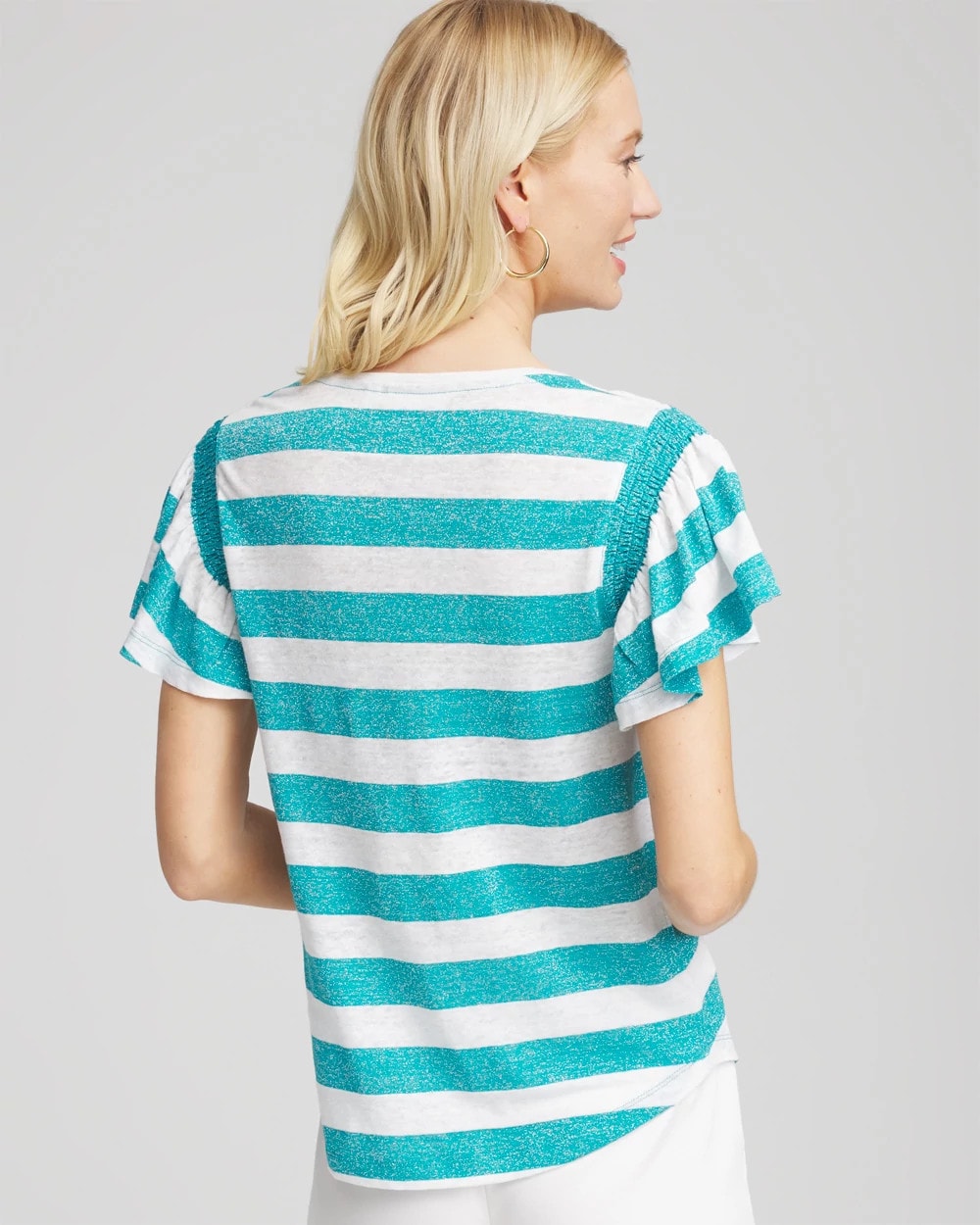 Chico's | Linen Metallic Striped Flutter-Sleeve Tee/ Seaspray