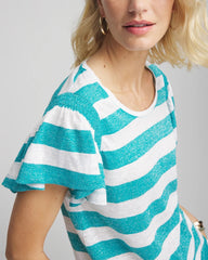 Chico's | Linen Metallic Striped Flutter-Sleeve Tee/ Seaspray