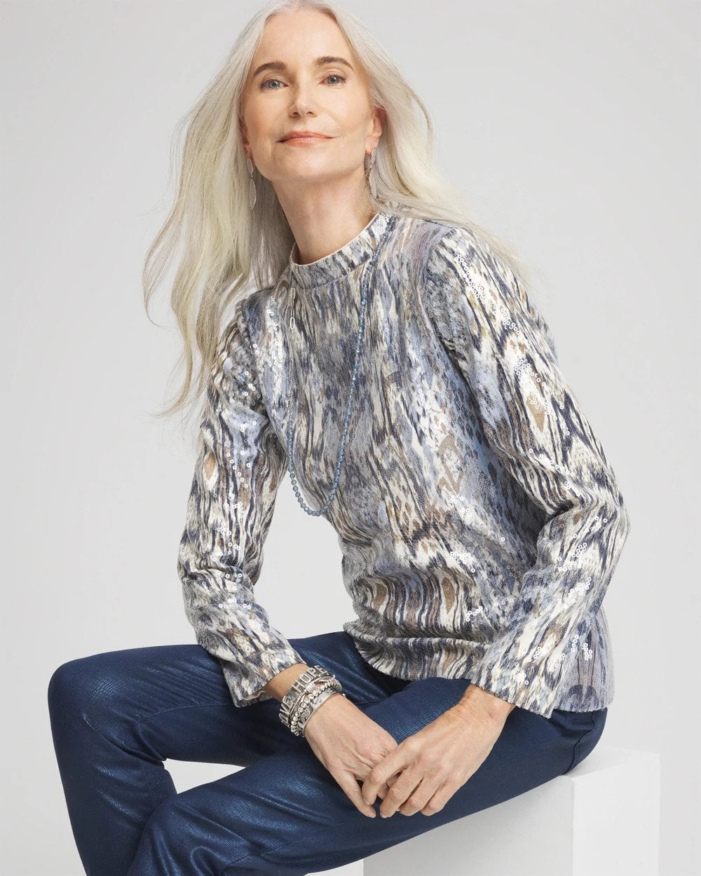 Chico's | Sequin Reptile Funnel Neck tee/ Classic Navy