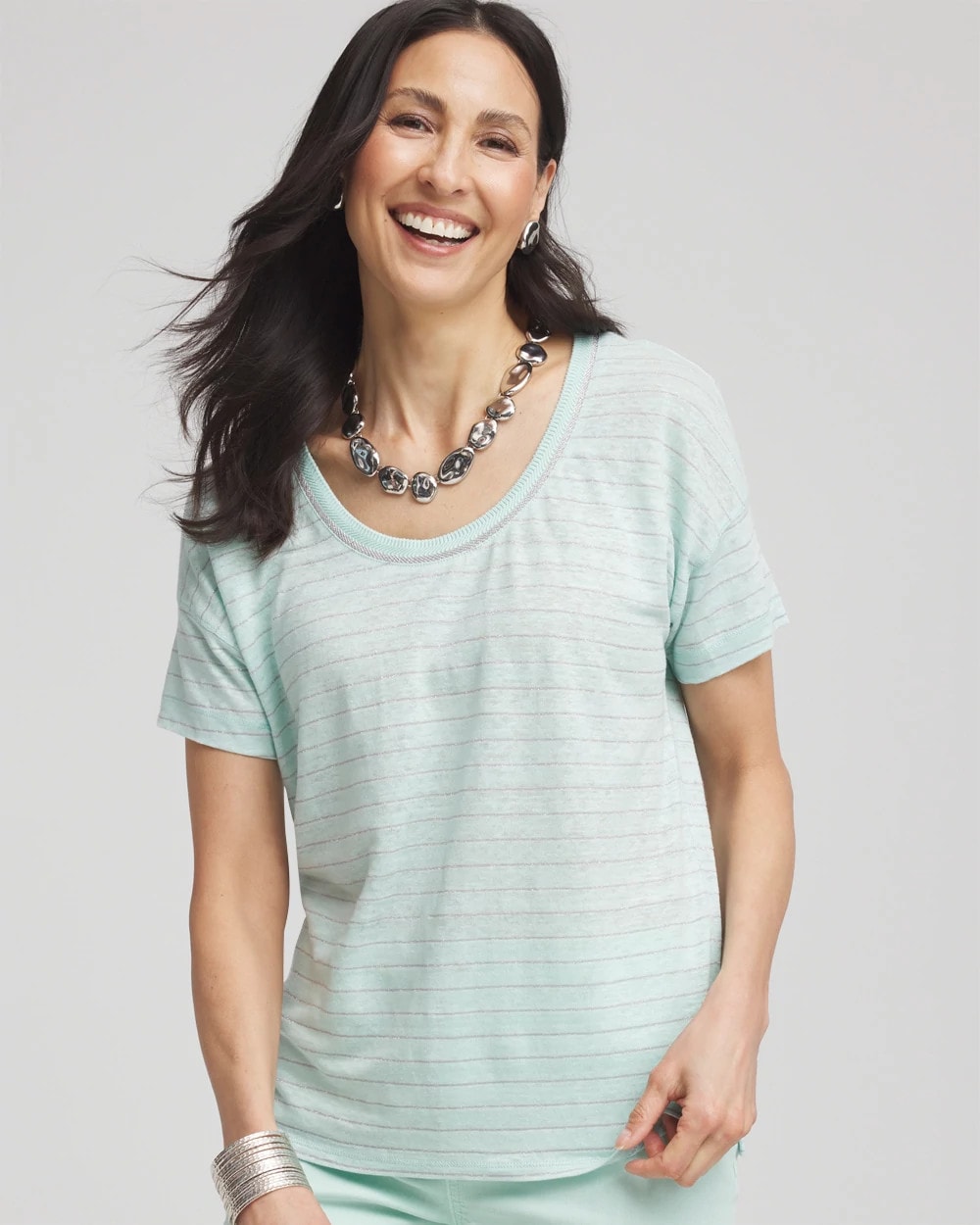 Chico's | Striped Sweater-Trim Linen Tee/ Teal Waters