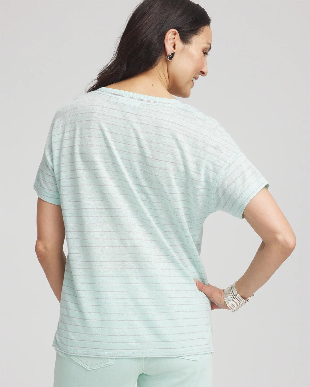 Chico's | Striped Sweater-Trim Linen Tee/ Teal Waters